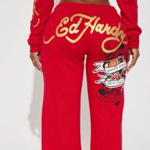 Ed Hardy Broken Hearts Wide Leg Pant - Red